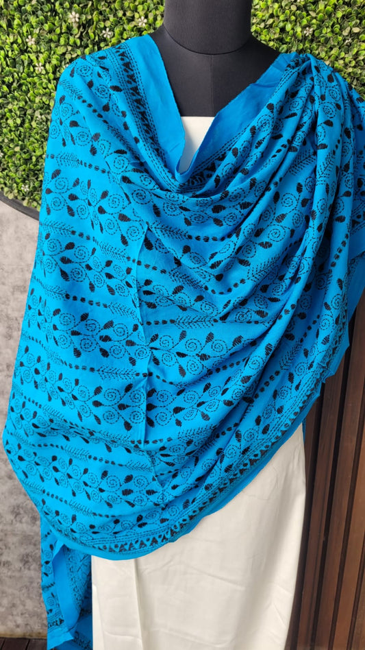 Blue Cotton Dupatta with Kantha Work