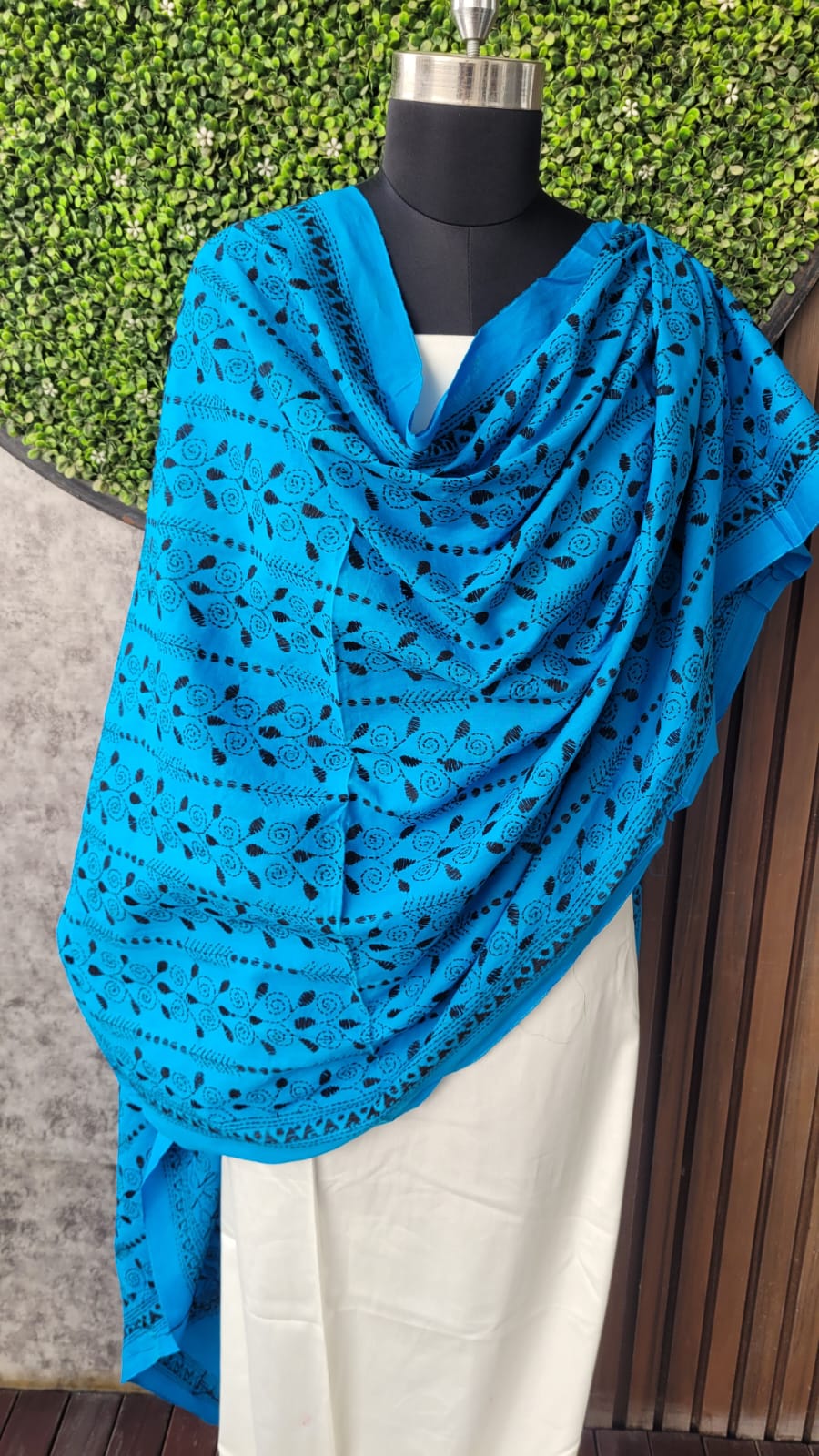 Blue Cotton Dupatta with Kantha Work