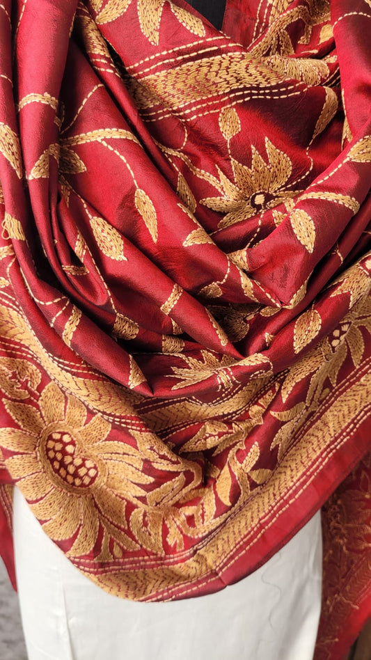 Mahroon Kantha work dupatta in Tussar Silk