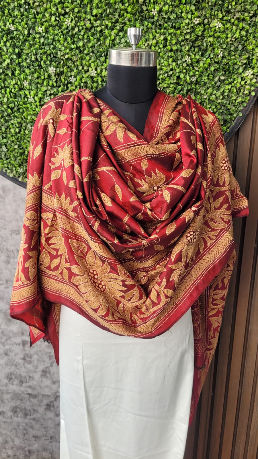 Mahroon Kantha work dupatta in Tussar Silk