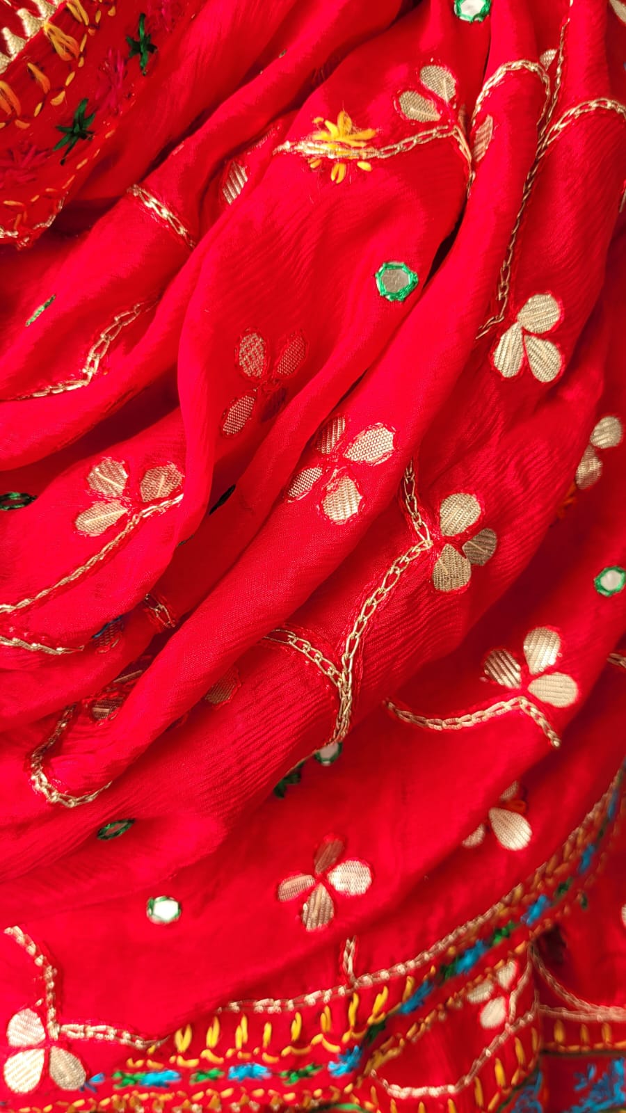 Red Phulkari dupatta with gota patti