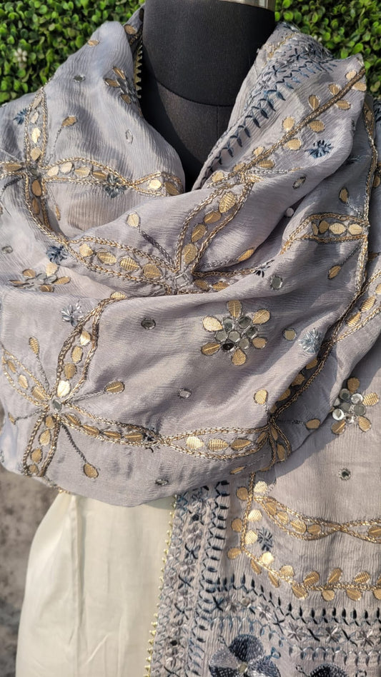 Grey Phulkari dupatta with gota patti