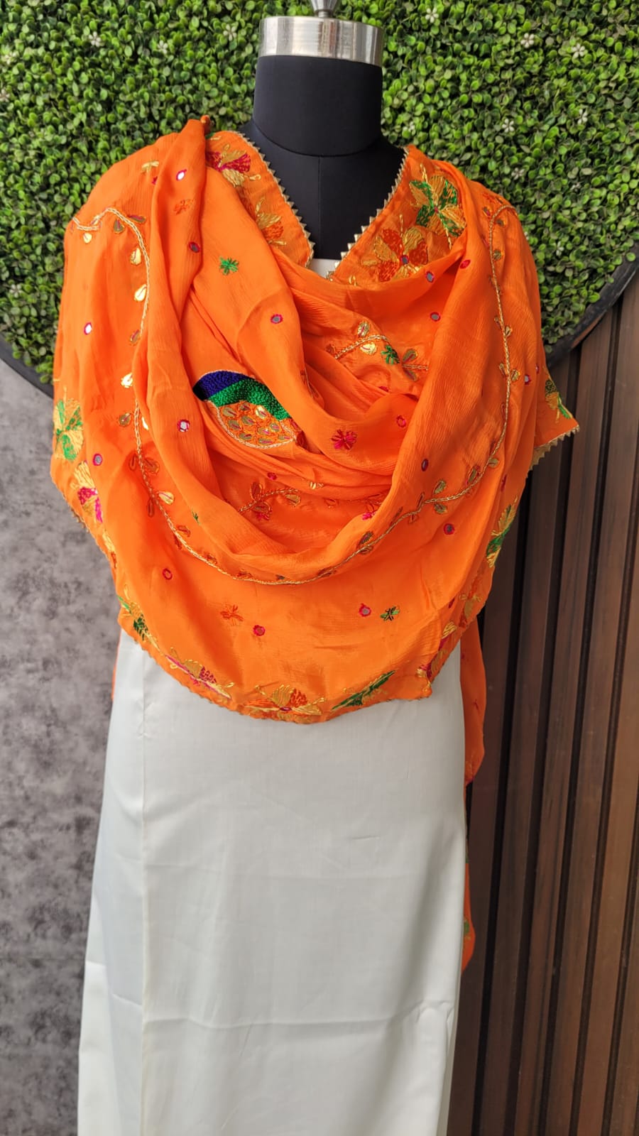 Orange Phulkari dupatta with gota patti