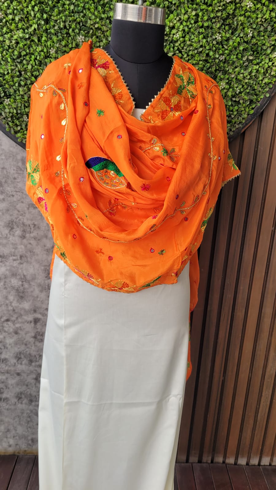 Orange Phulkari dupatta with gota patti