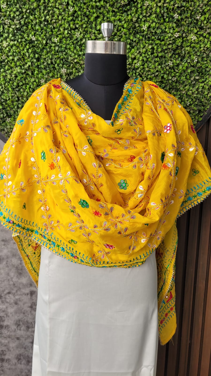 Yellow Phulkari dupatta with gota patti