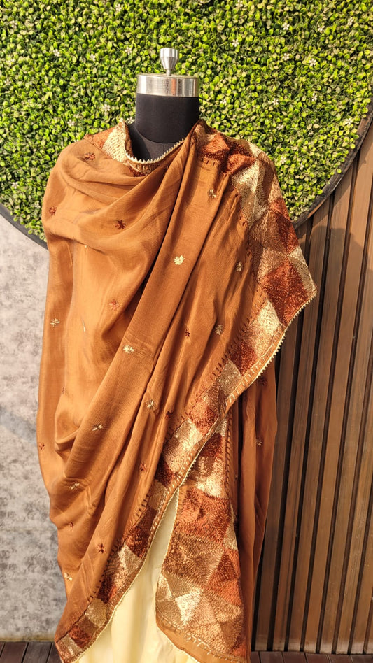 Brown Phulkari dupatta on Pure Fabric