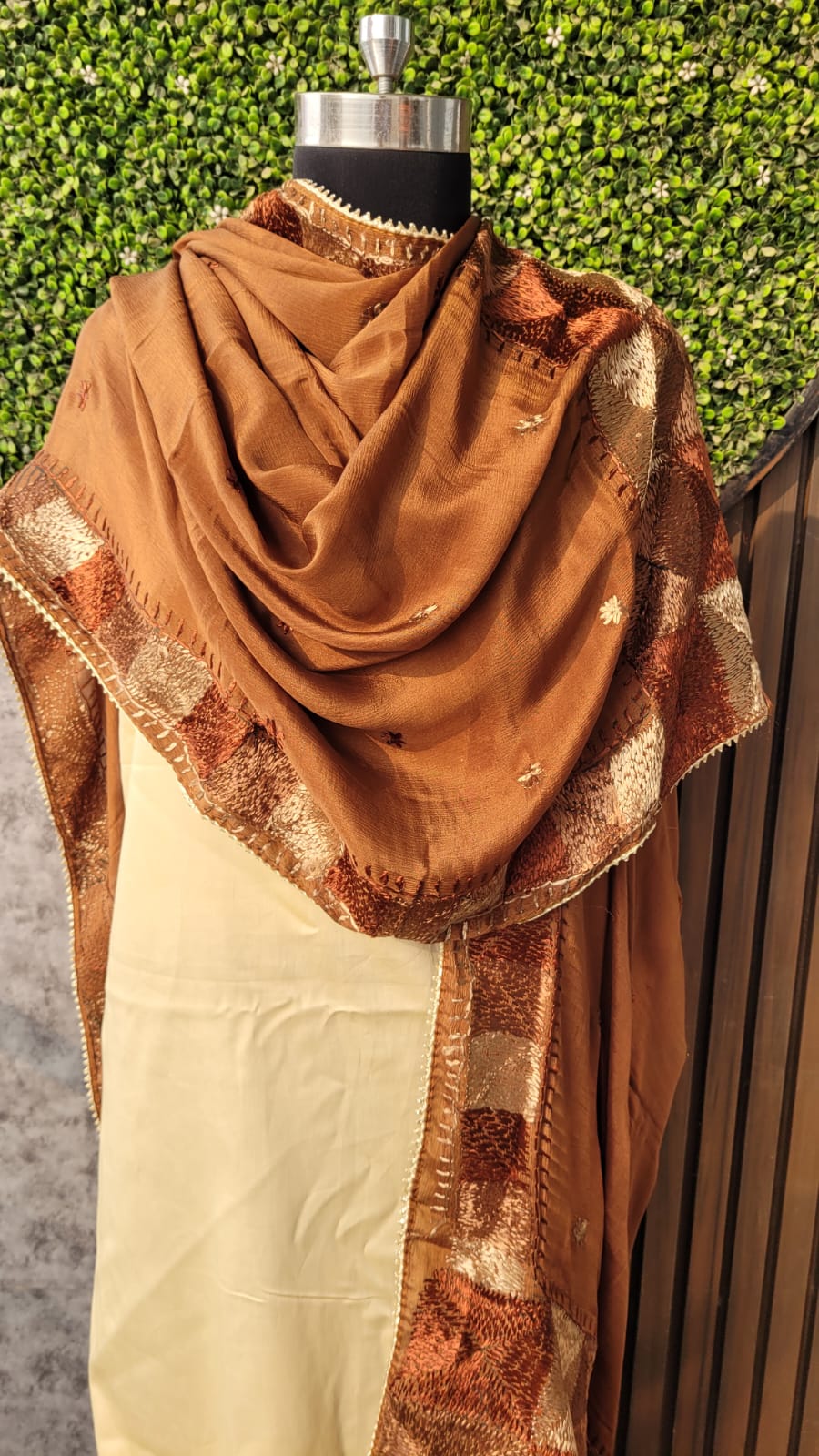 Brown Phulkari dupatta on Pure Fabric