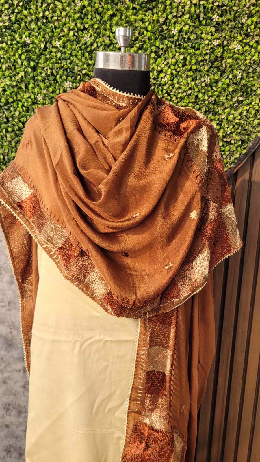 Brown Phulkari dupatta on Pure Fabric