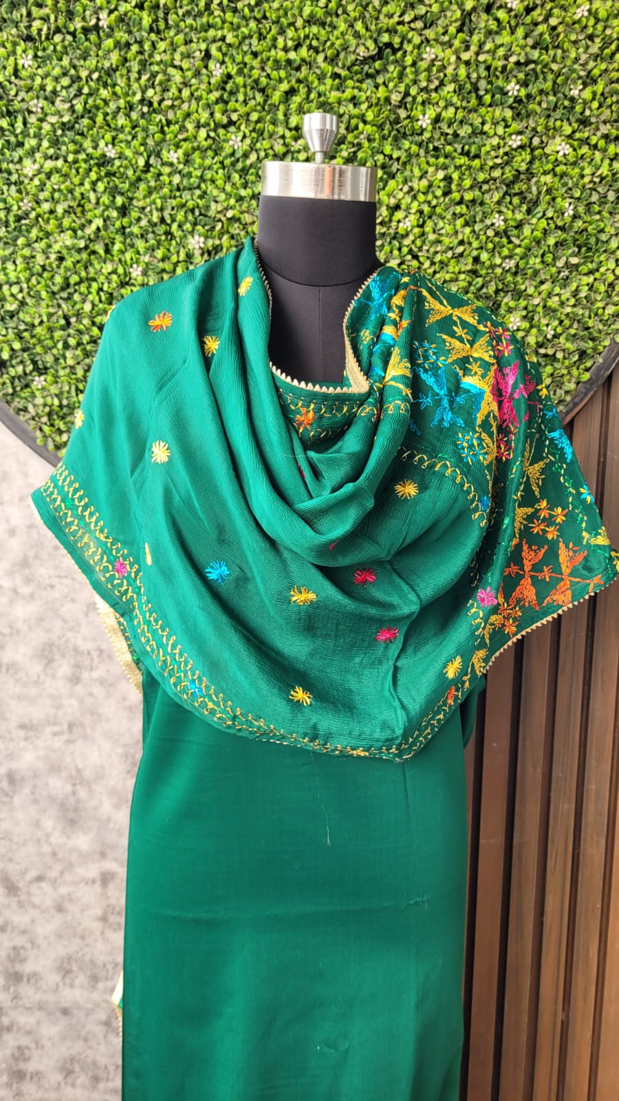 Green Phulkari on Pure chiffon dupatta