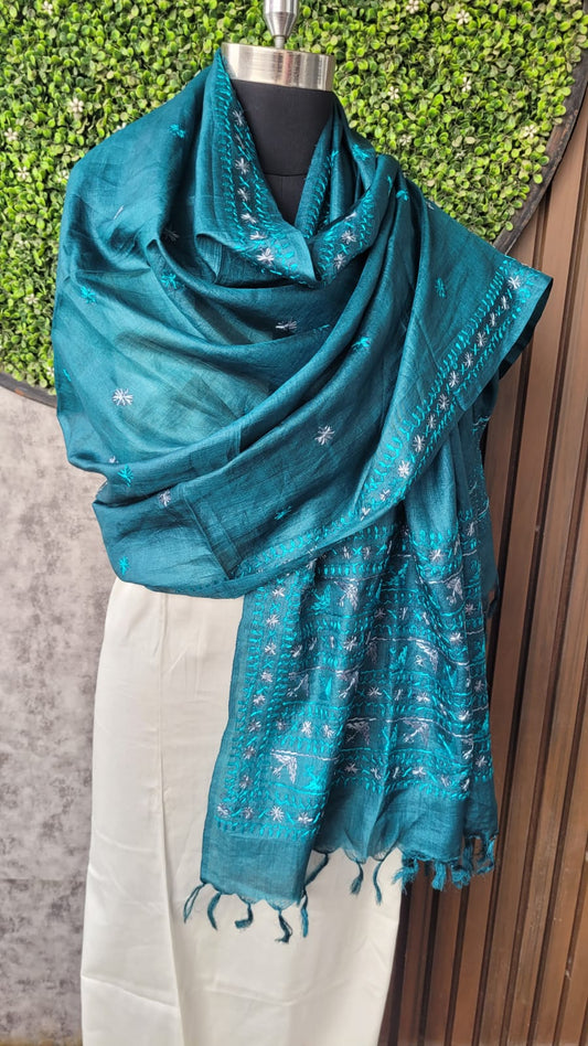 Teal Phulkari Dupatta on Tussar