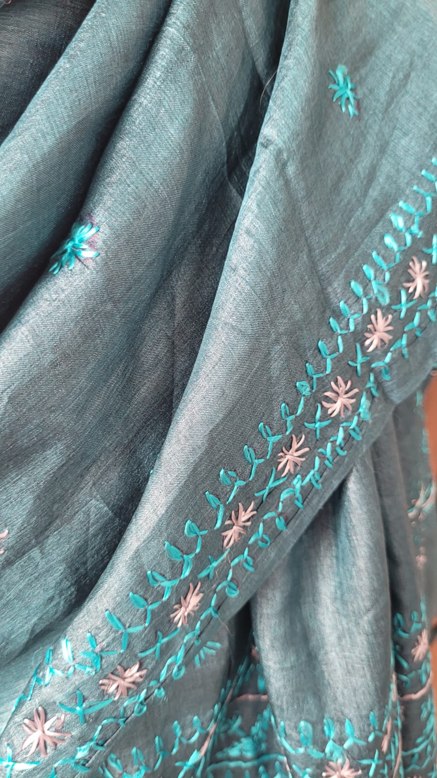 Teal Phulkari Dupatta on Tussar